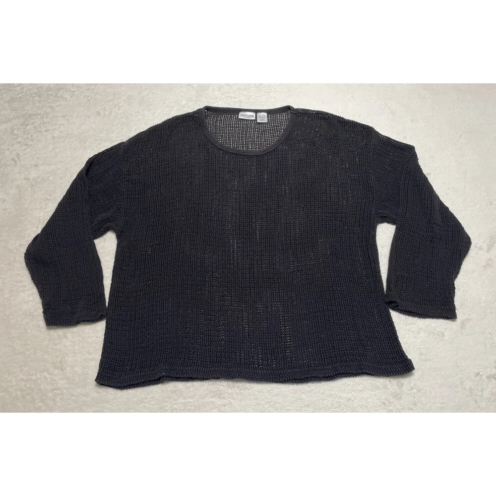 Chico's Top Women's Size XL 3 Black Long Sleeve Open Knit Blouse